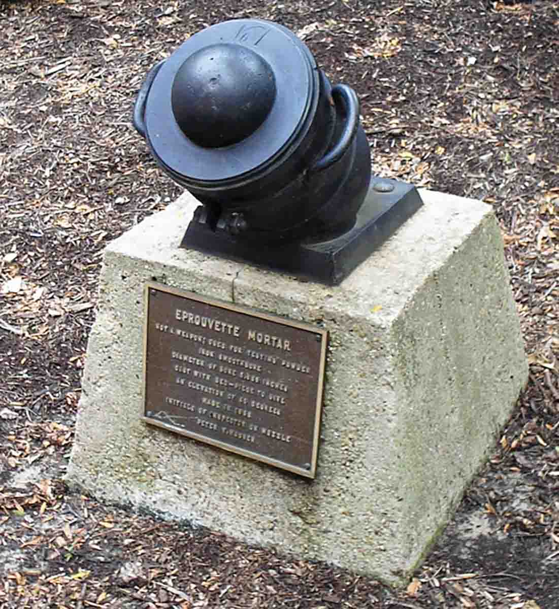 A fixed mortar eprouvette at Fort Monroe in Hampton, Virginia. Historical marker; 5.7 inch bore; 45 degrees fixed elevation, made 1858.
